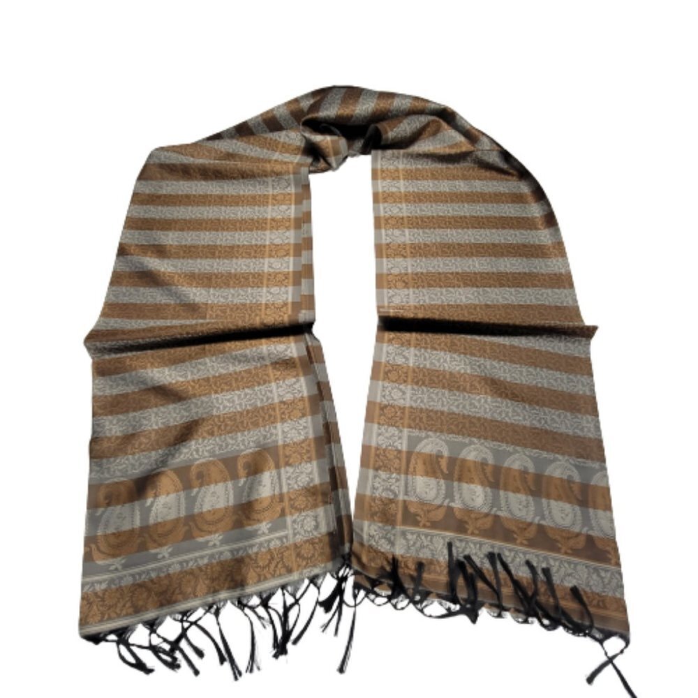 Brown Striped Paisley Floral Thin Long Rectangular Scarf